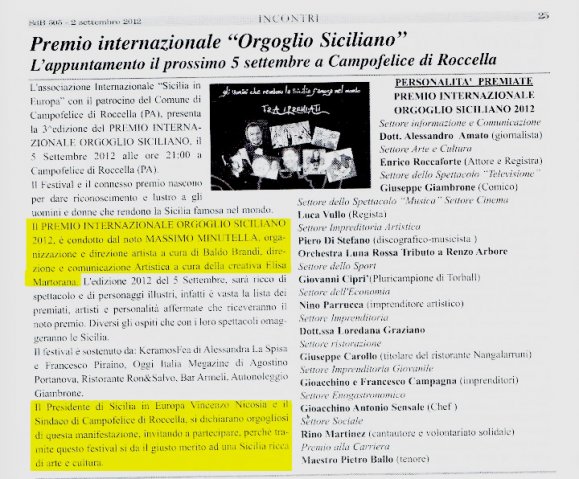 Ritaglio Giornale Premio Orgoglio Siciliano 2012